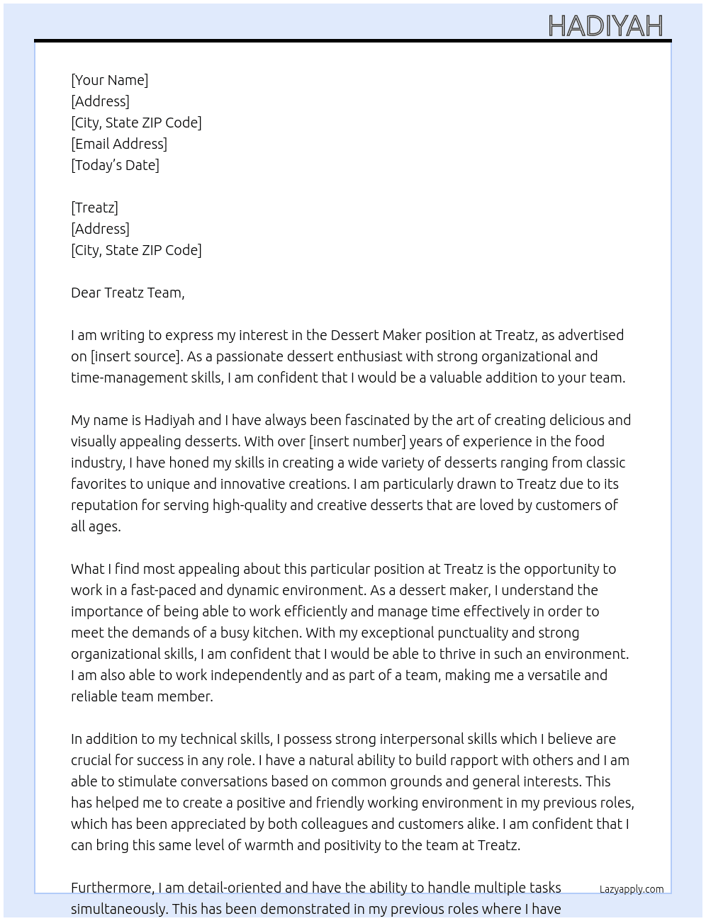 Dessert maker At Treatz Cover Letter