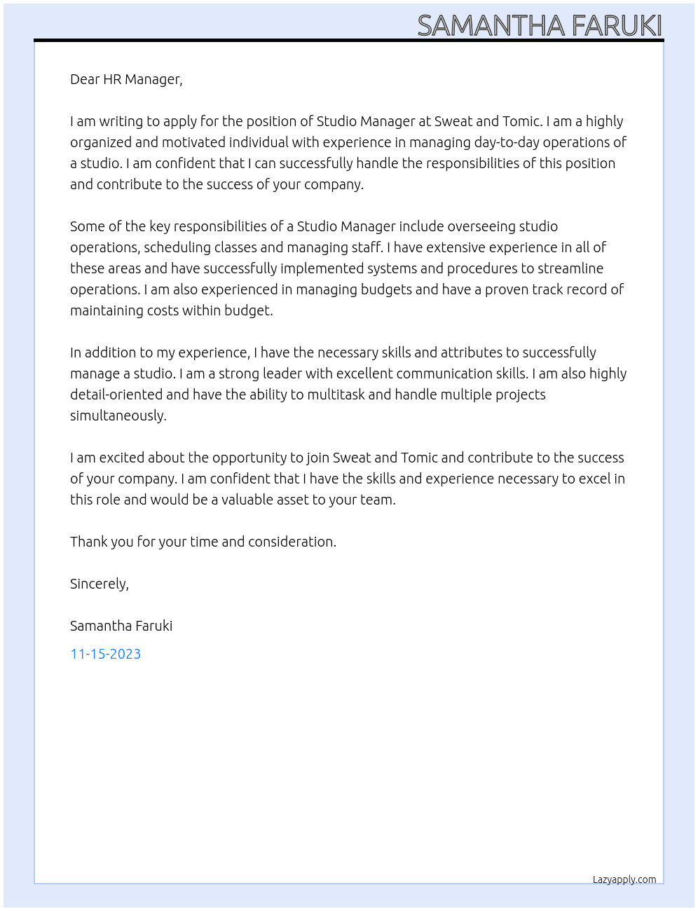 Studio Manager  At Sweat and Tomic  Cover Letter