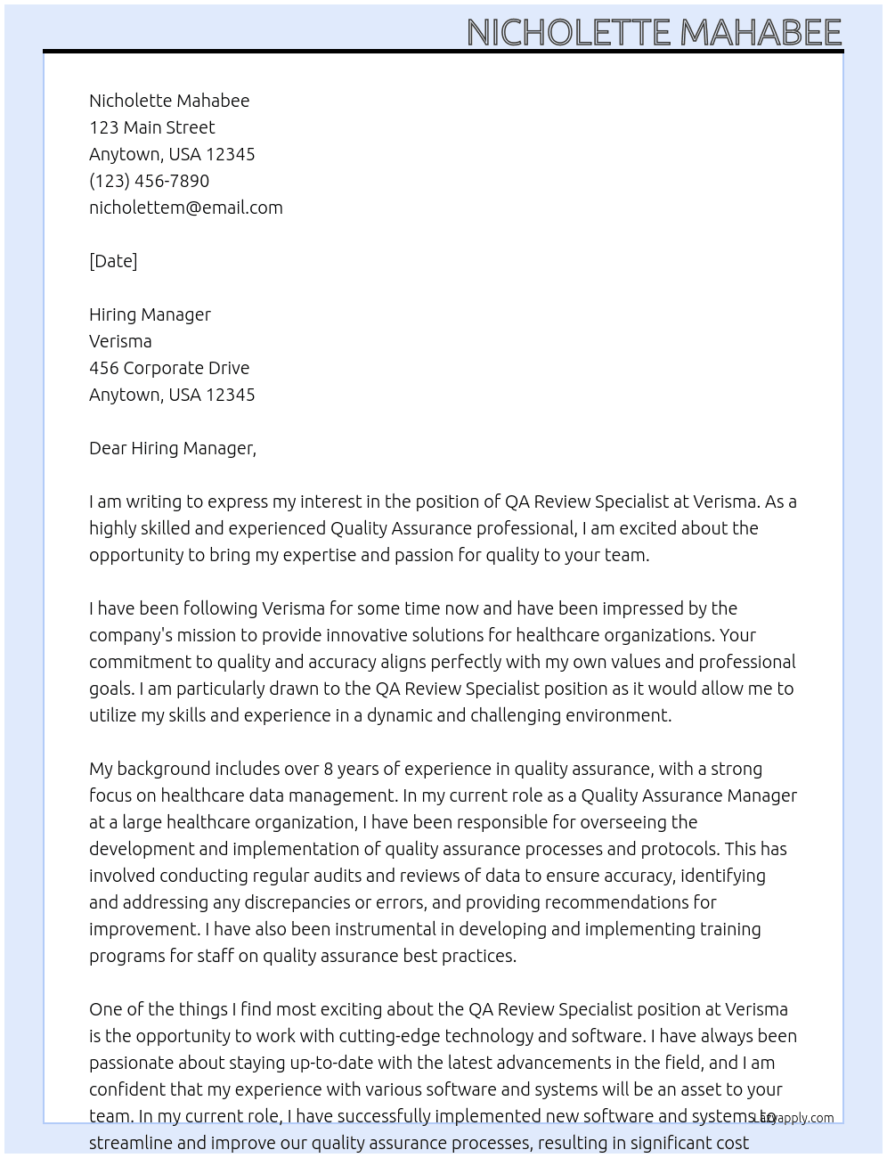 QA Review Specialist At Verisma Cover Letter