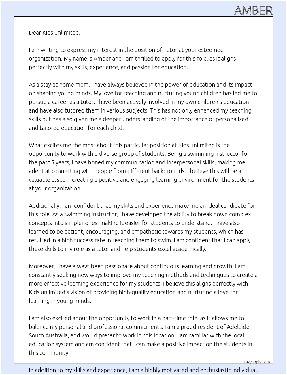 Tutor At Kids unlimited Cover Letter