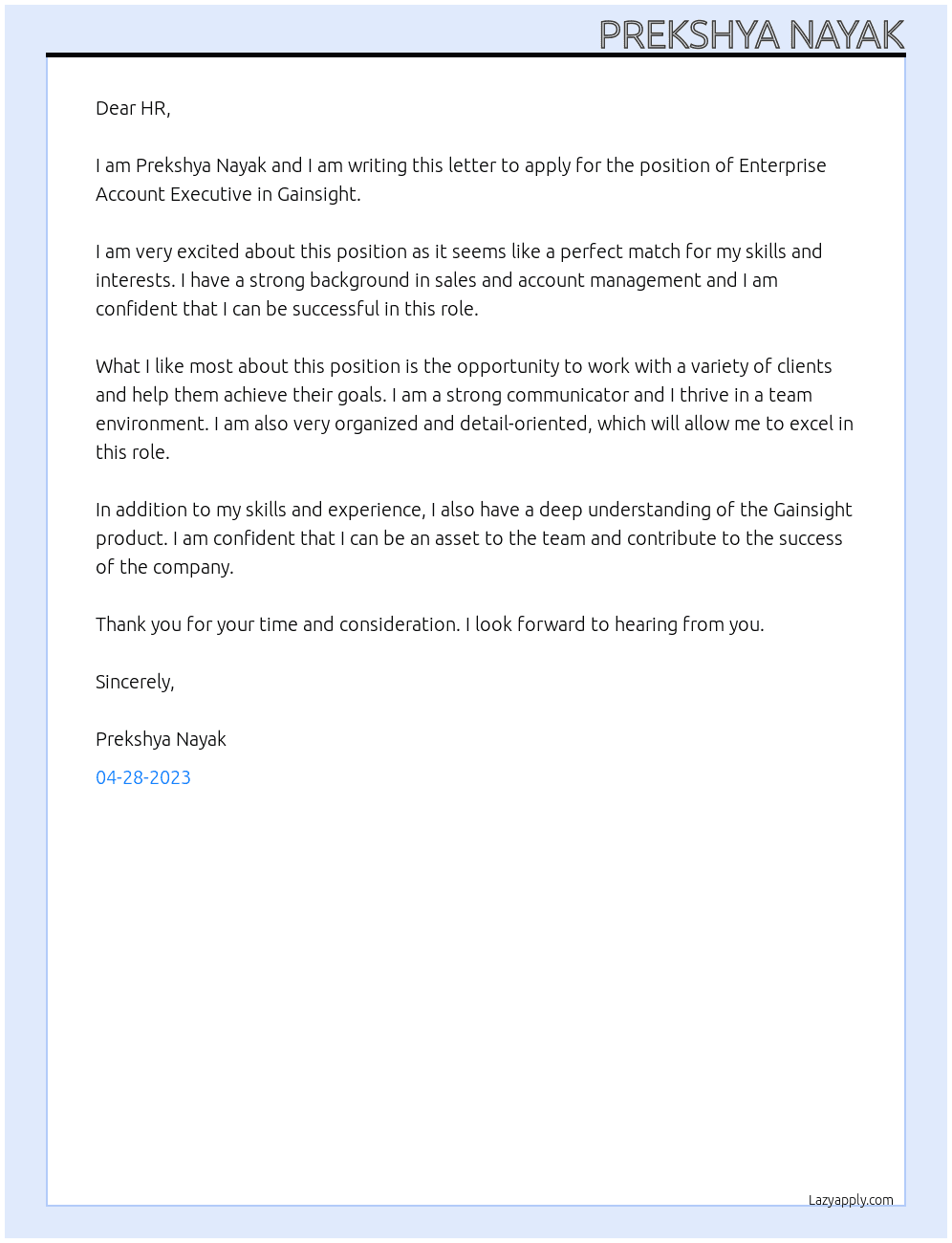 Enterprise Account Executive At Gainsight Cover Letter