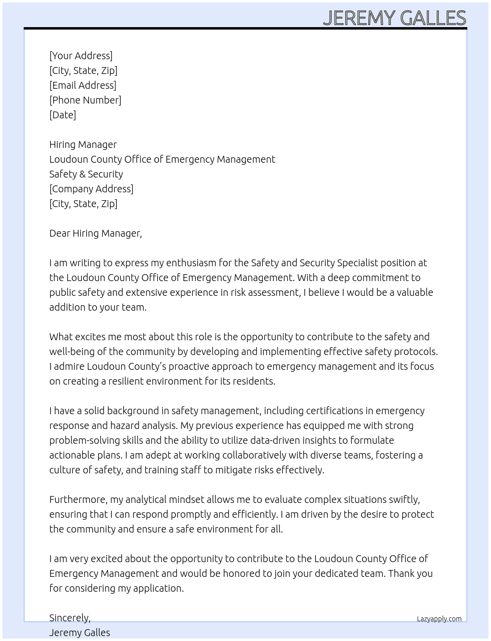 Safety and Security Specialist At Loudoun County Office of Emergency Management; Safety & Security Cover Letter