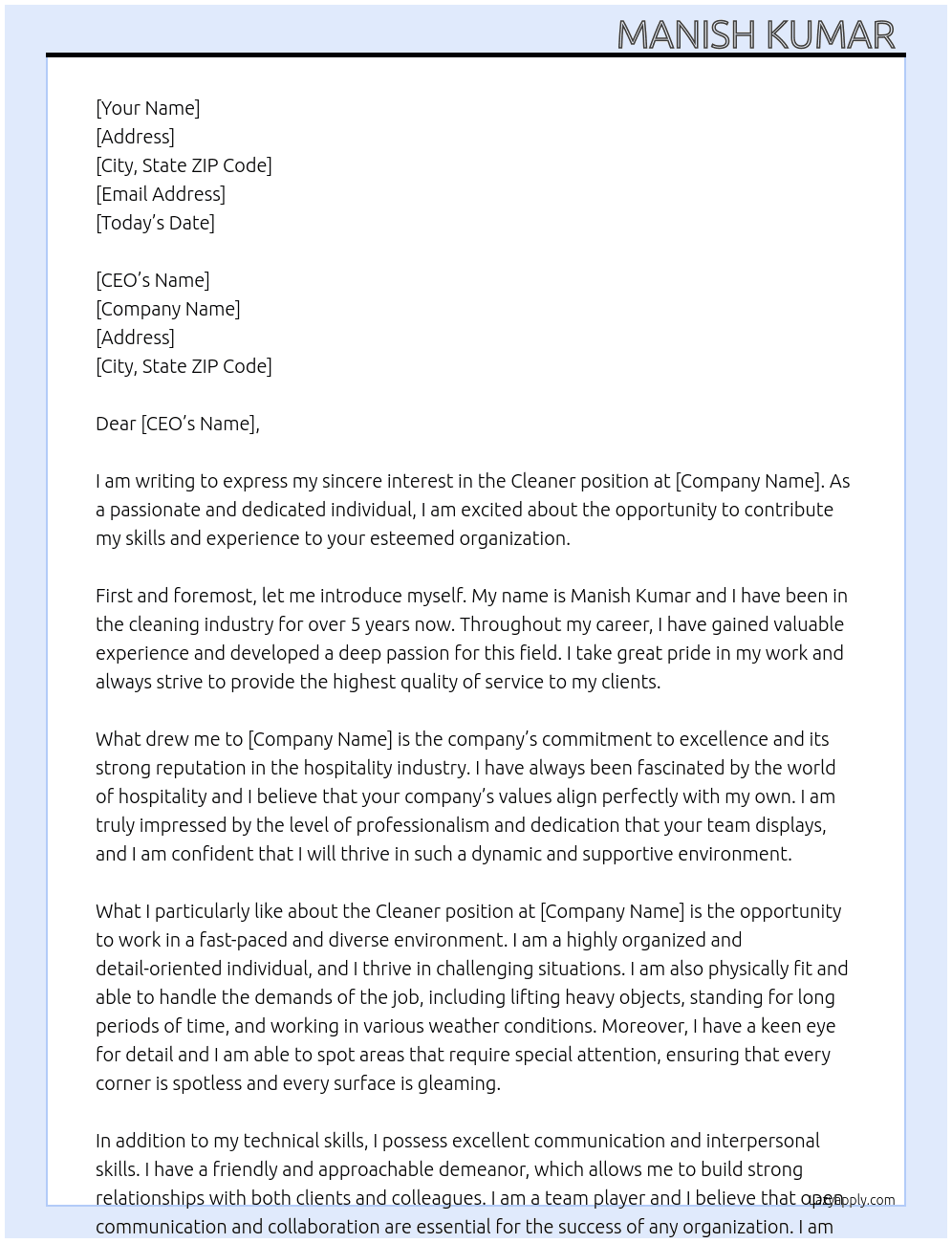 Cleaner  At Hotal  Cover Letter