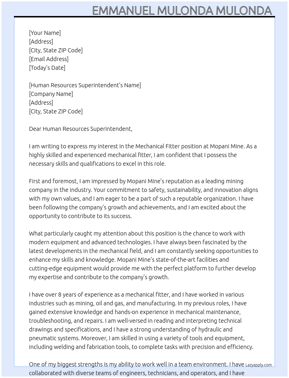 Mechanical fitter  At Mopani Mine  Cover Letter