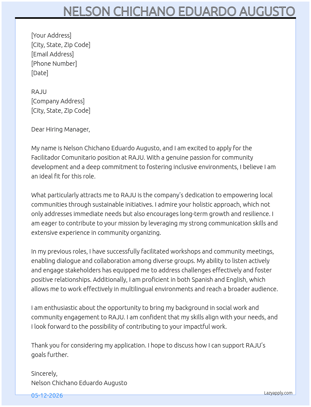 Facilitador Comunitario At RAJU Cover Letter