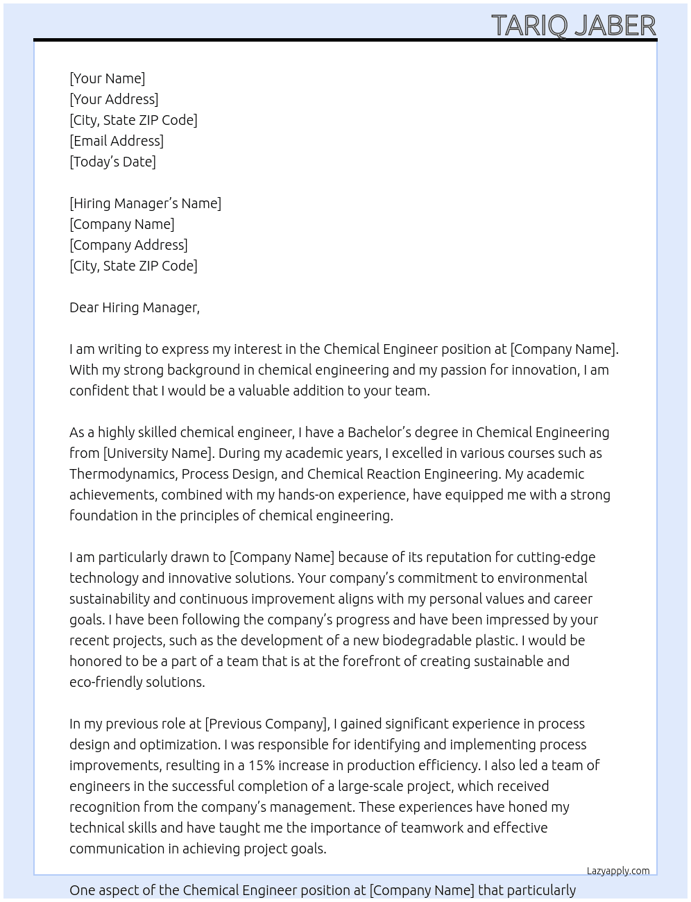 Chemical Engineer At a Cover Letter