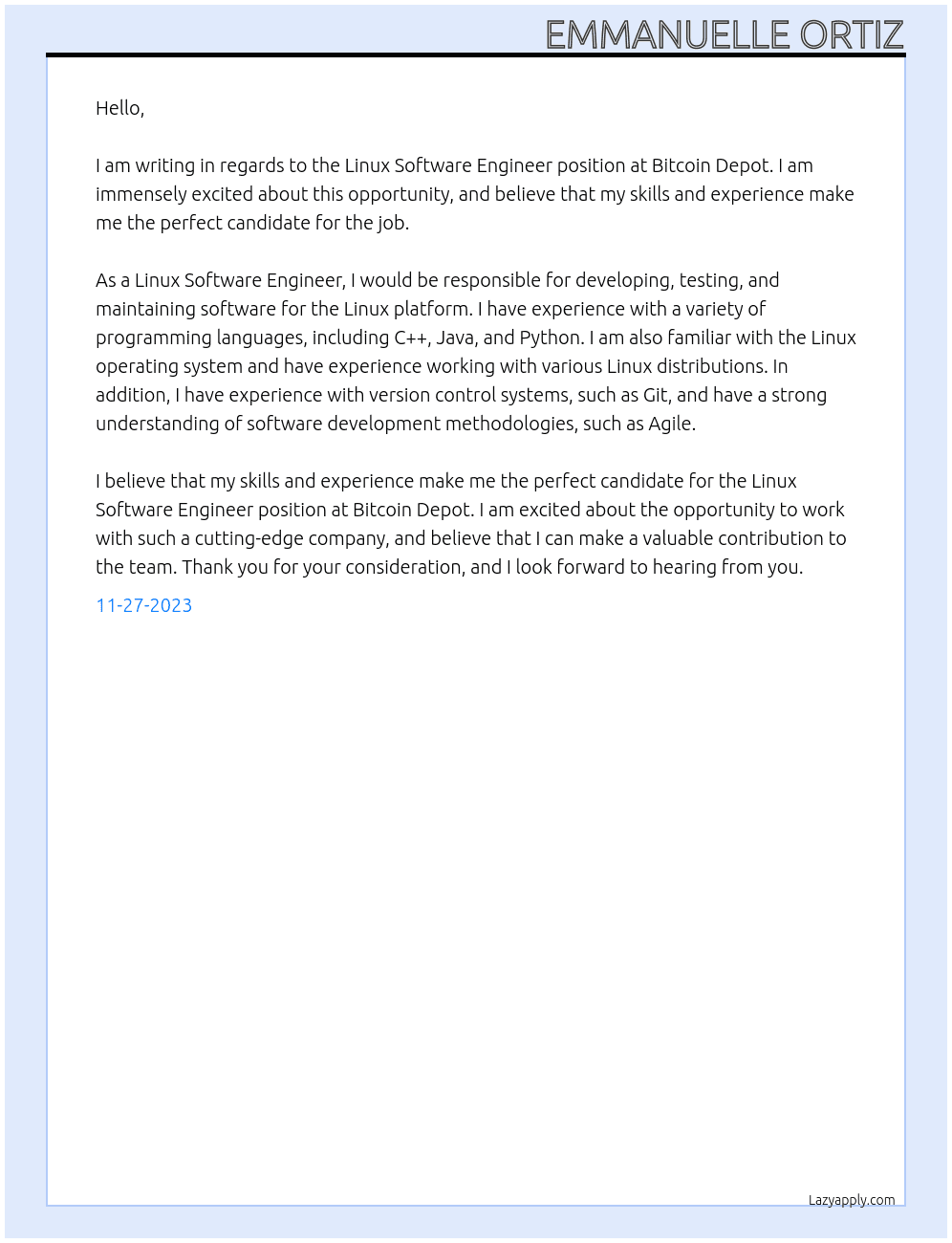 Linux Software Engineer At bitcoin depot Cover Letter
