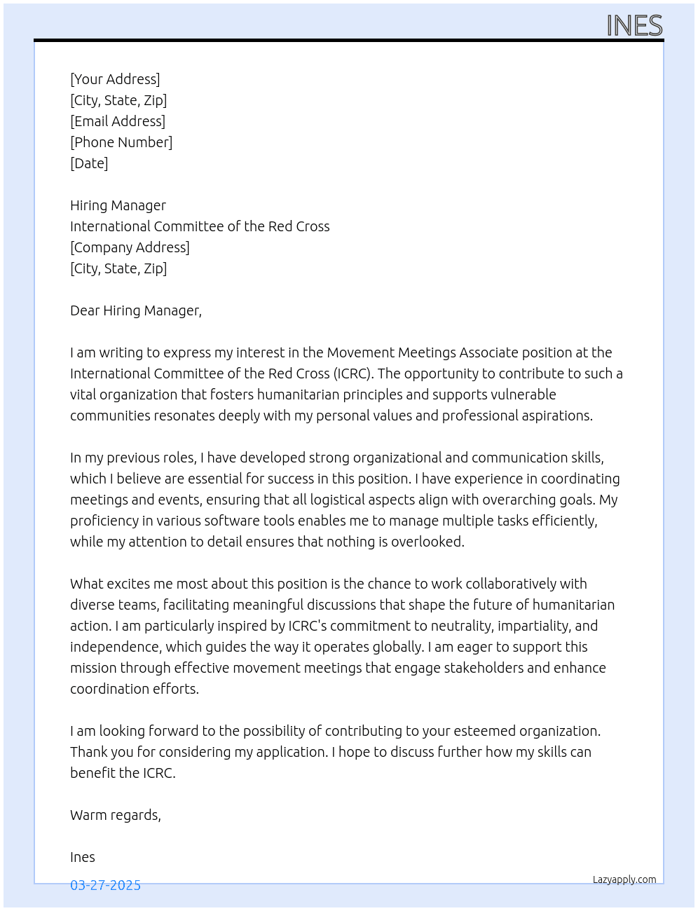 Movement Meetings Associate At International Committee of the Red Cross Cover Letter