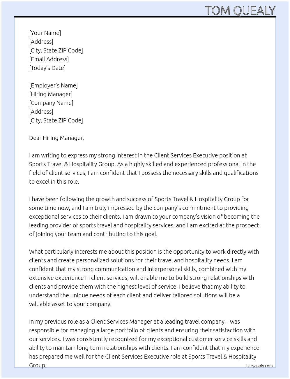 Client Services Executive At Sports Travel & Hospitality Group Cover Letter