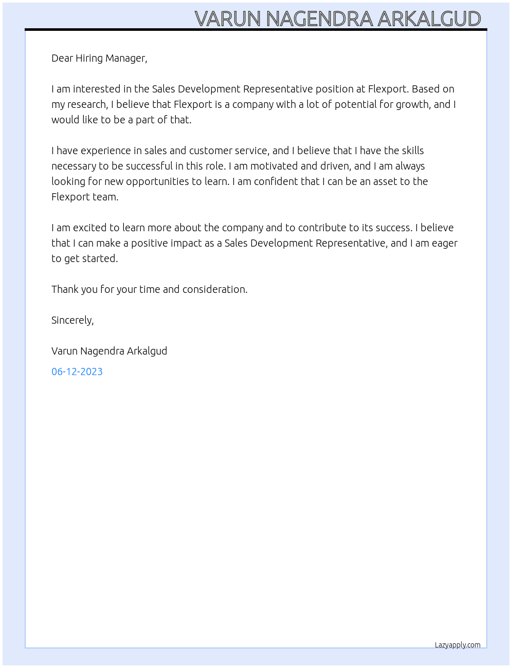 Sales Development Representative At Flexport Cover Letter