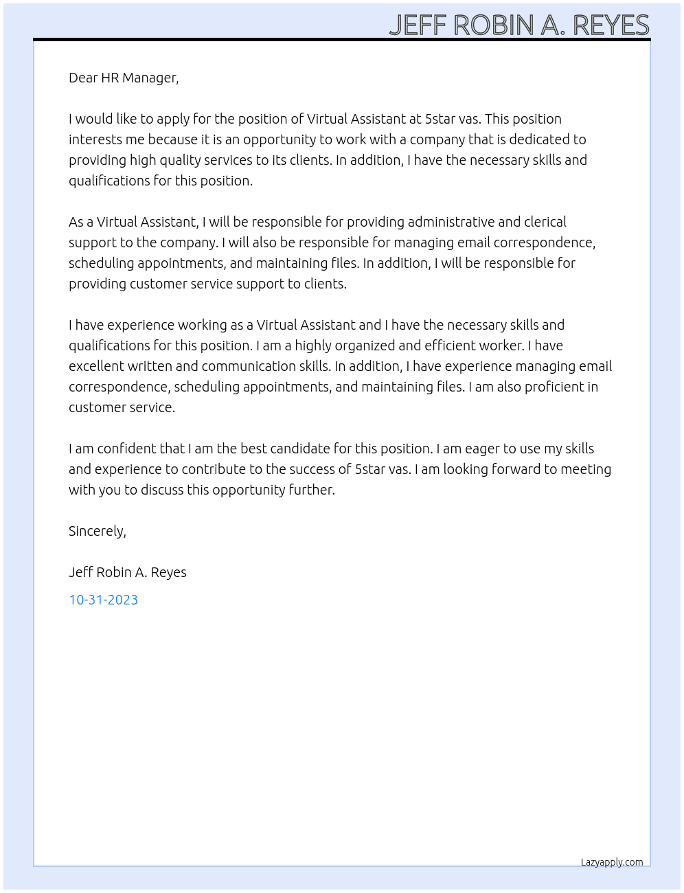 Virtual assitant At 5star vas Cover Letter