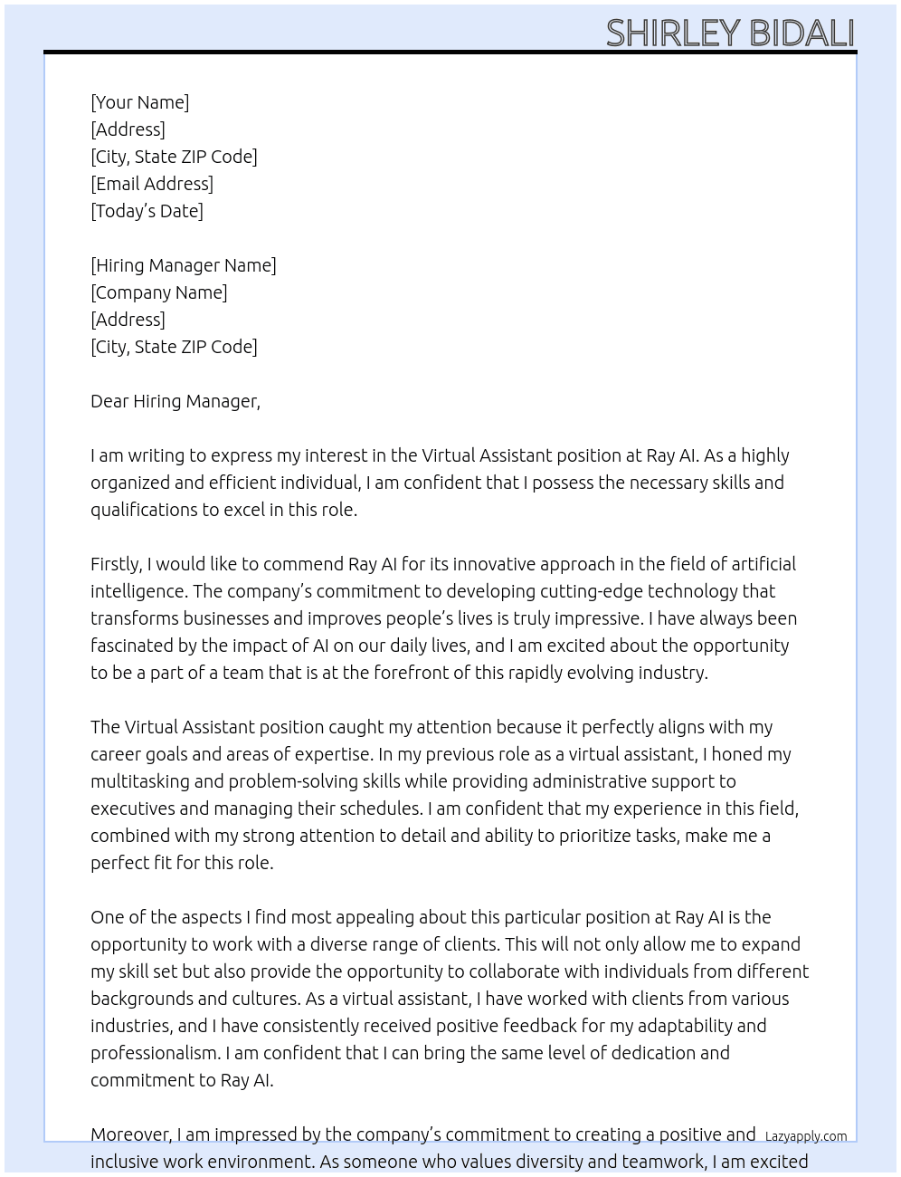 Virtual Assistant At Ray AI Cover Letter