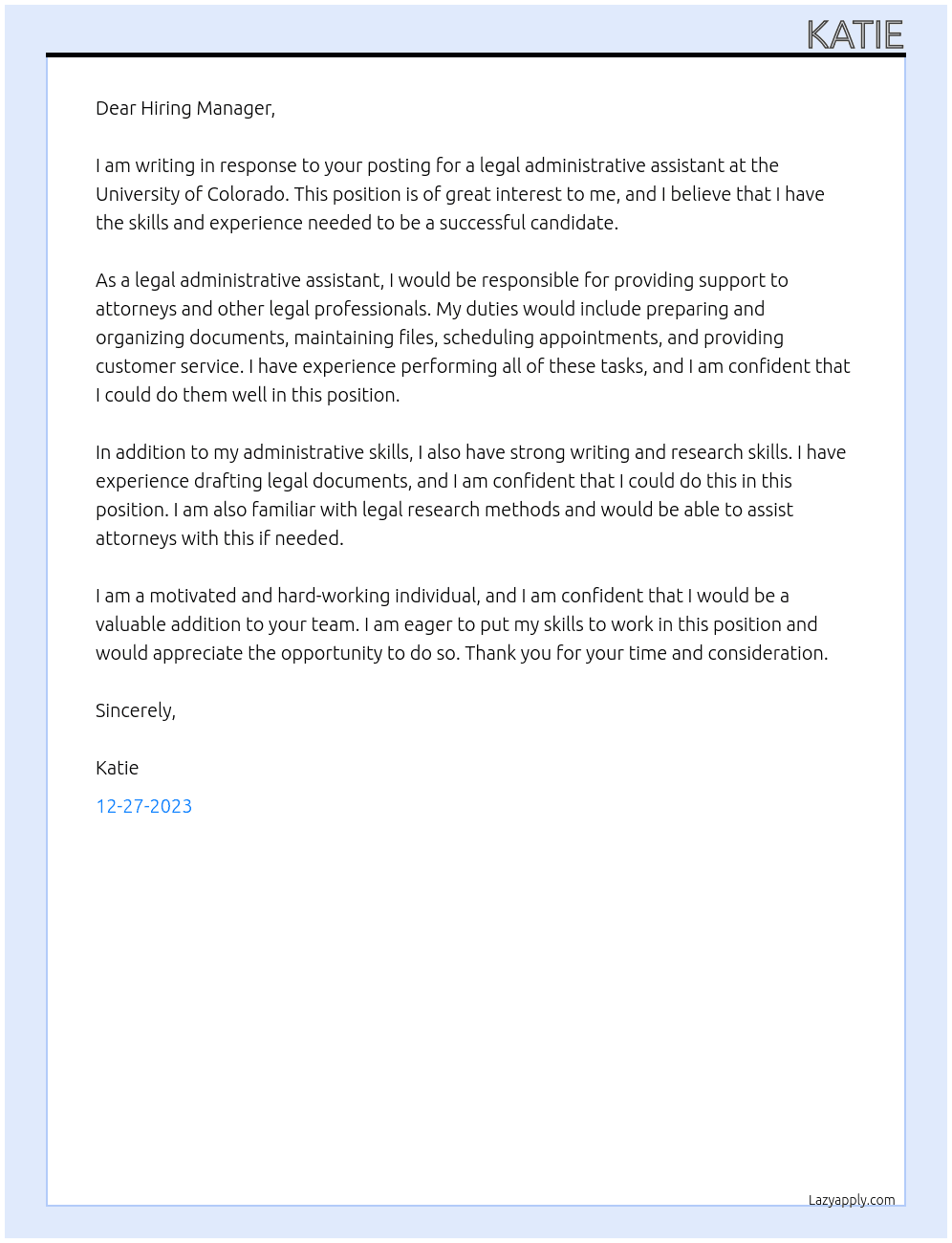 legal administrative assistant At university of colorado Cover Letter