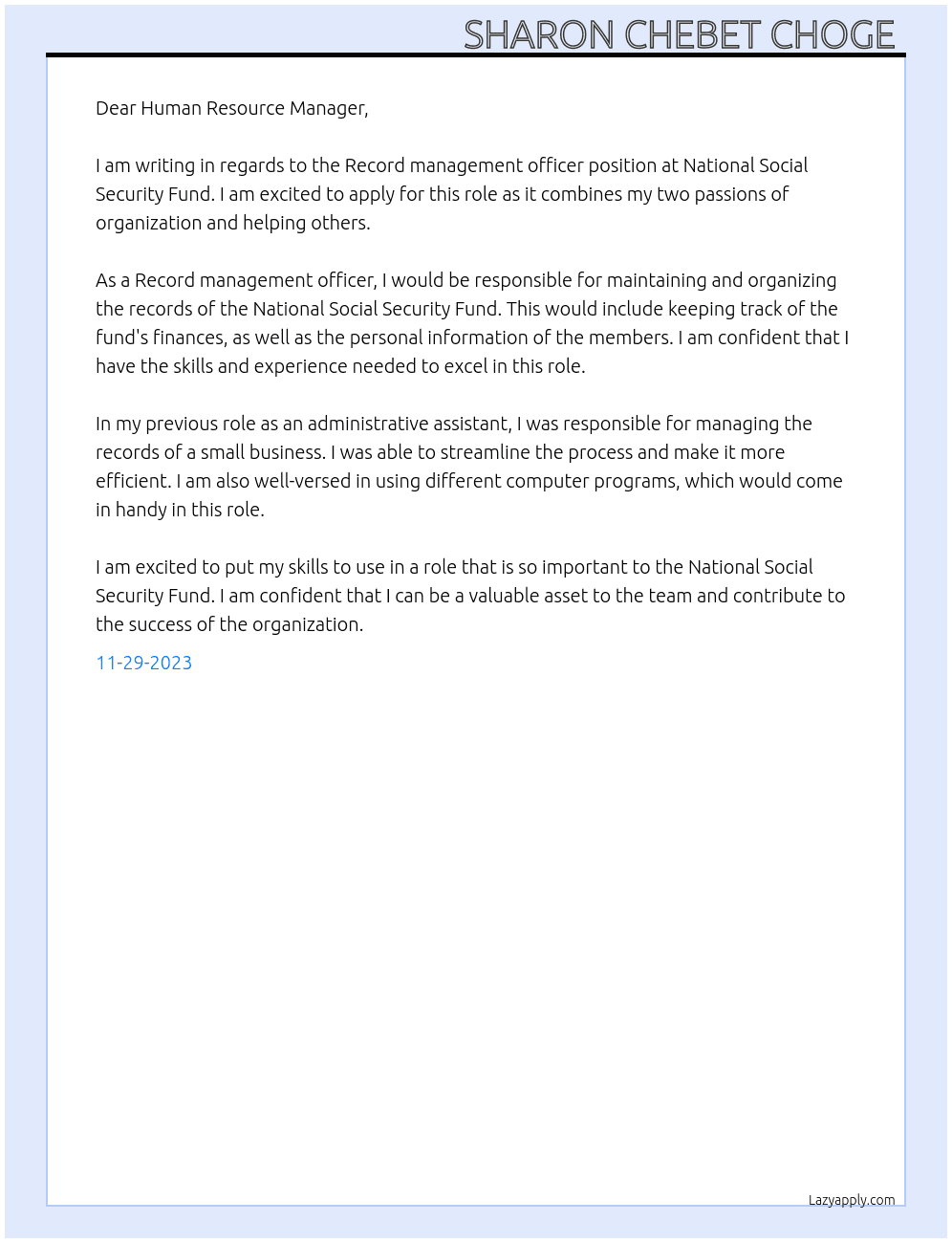 Record management officer  At National Social Security Fund Cover Letter