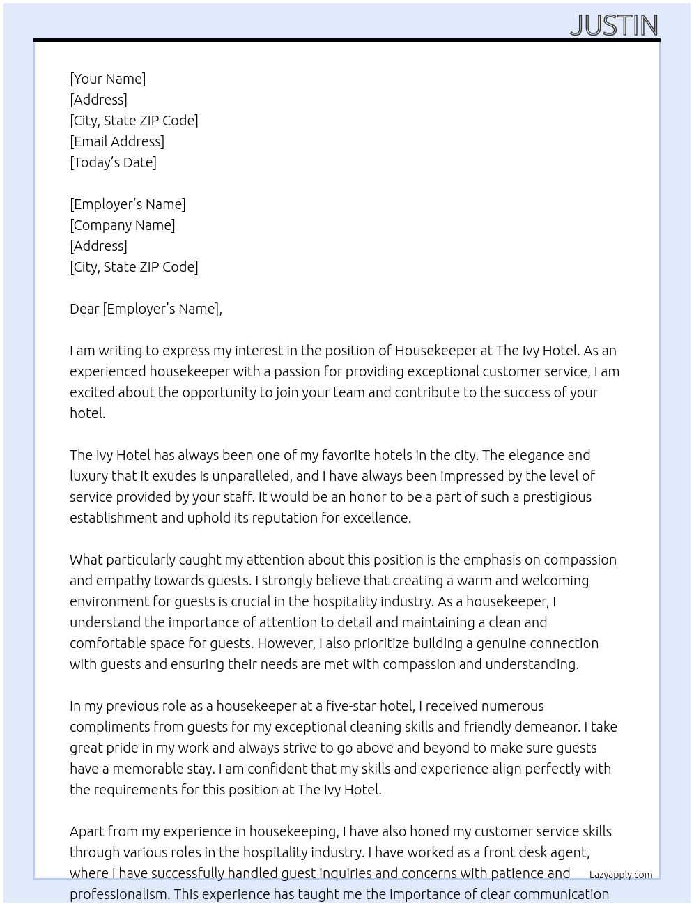 housekeeper At the ivy hotel Cover Letter