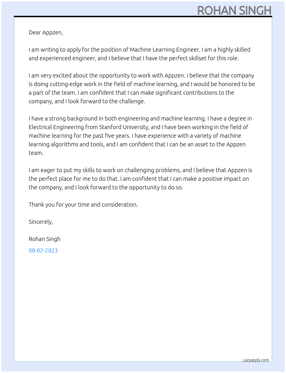 Machine Learning Engineer At Appzen Cover Letter