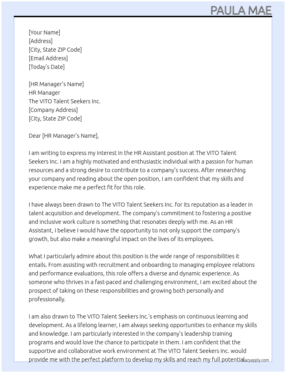 HR Assistant At The VITO Talent Seekers Inc. Cover Letter