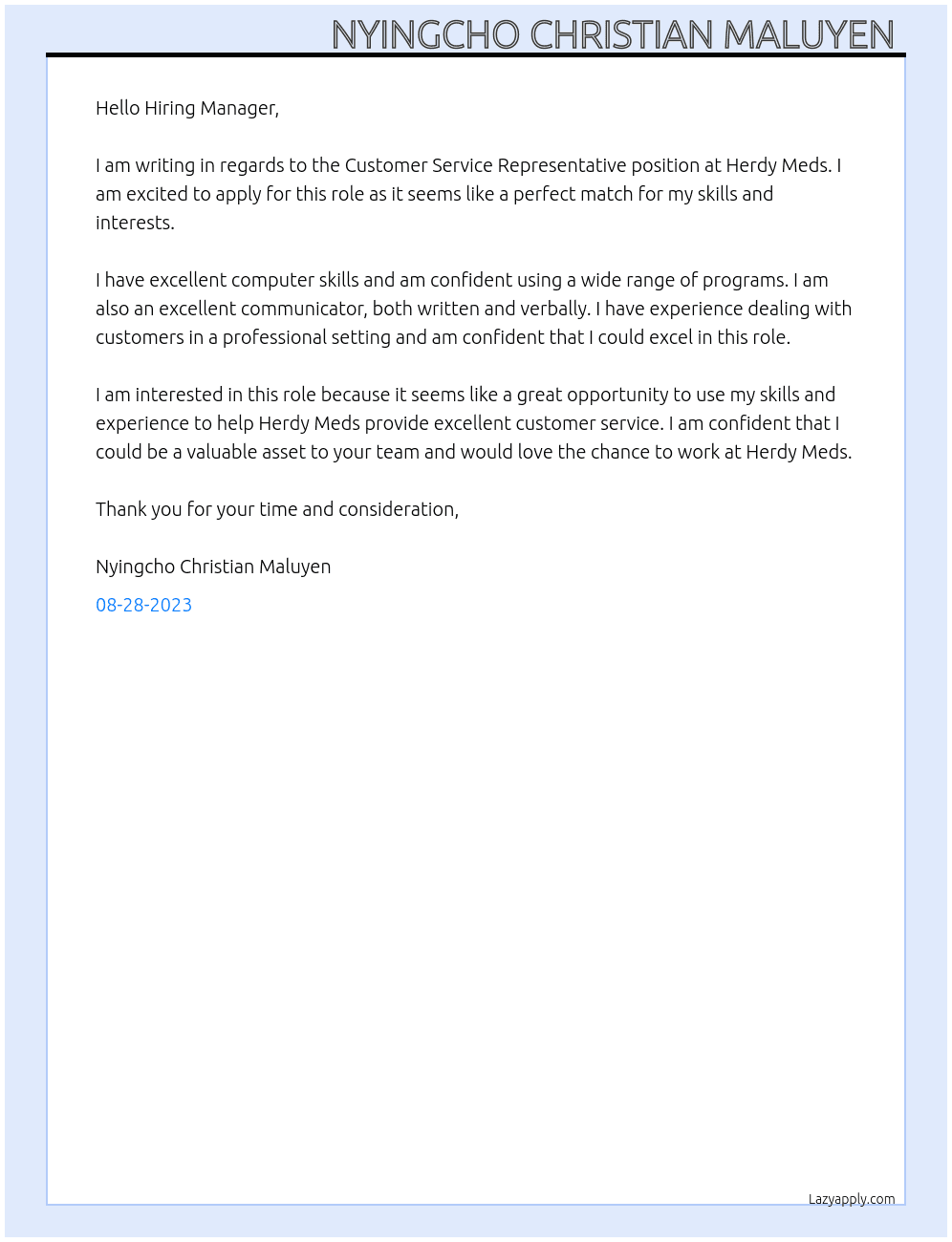 Customer service representative  At Herdy meds  Cover Letter