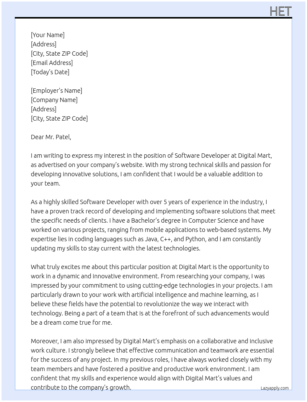 software developer  At Digital Mart  Cover Letter