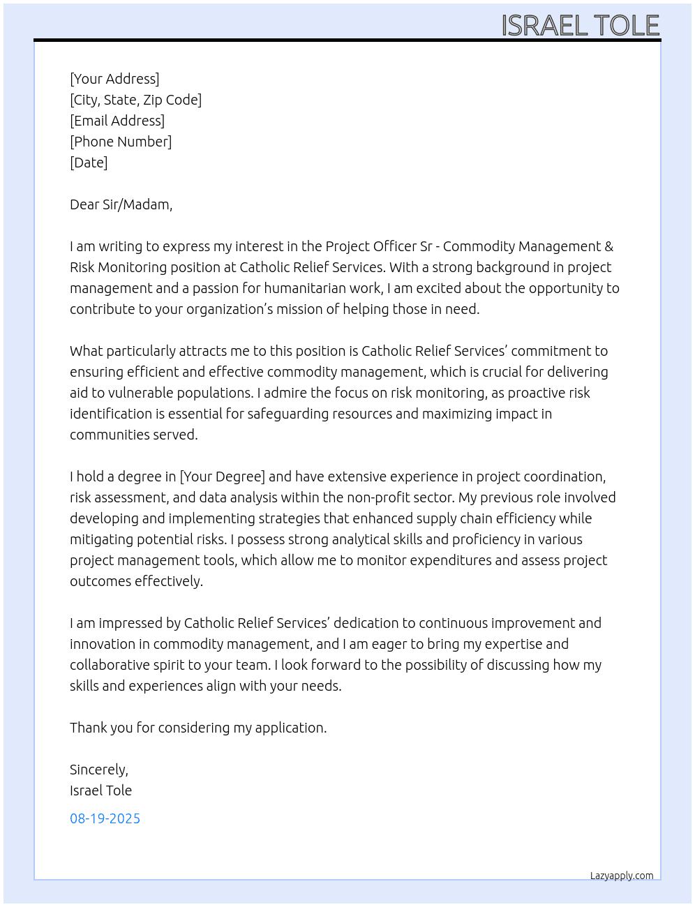 Project Officer Sr - Commodity Management & Risk Monitoring At Catholic Relief Services Cover Letter