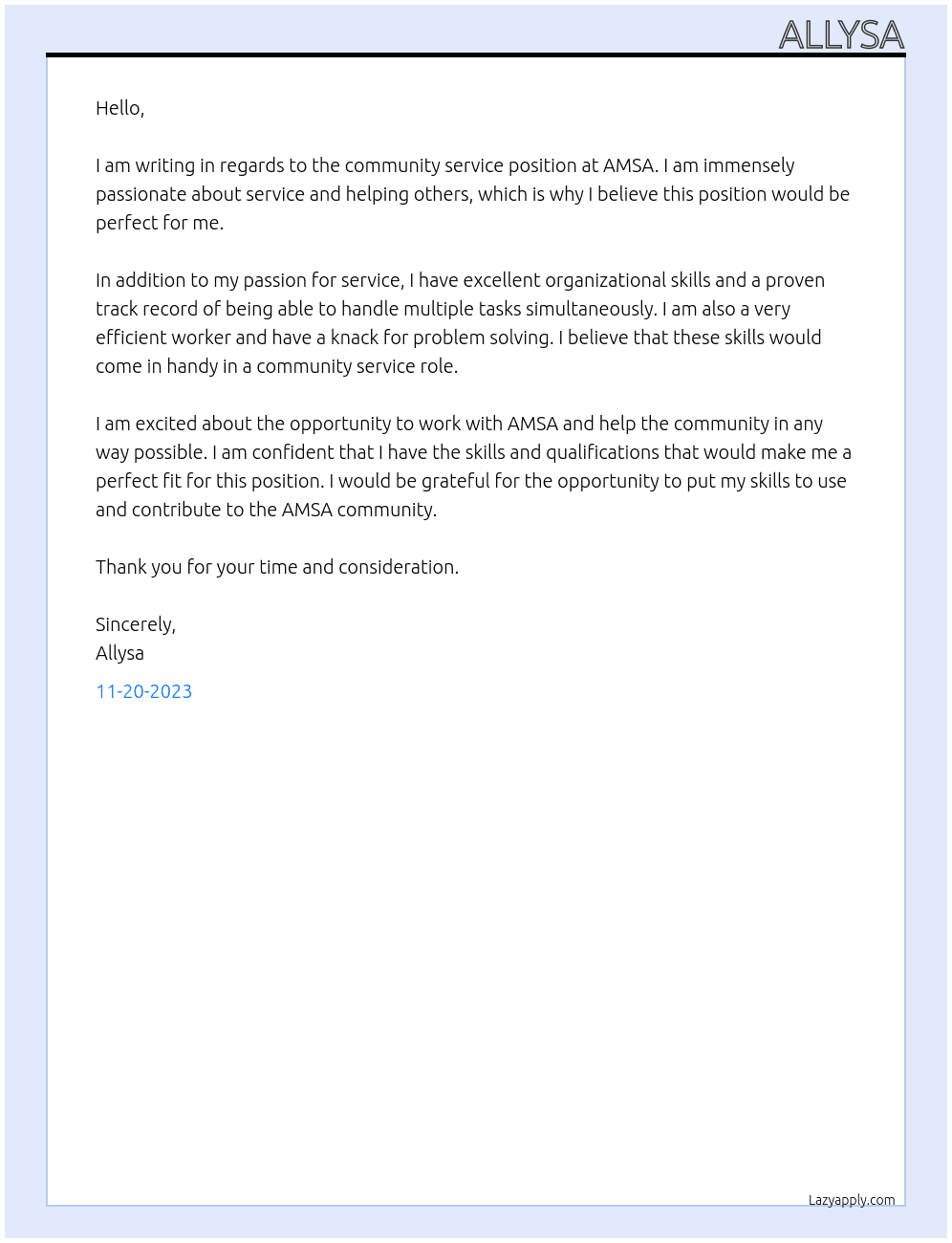 Community service At AMSA Cover Letter