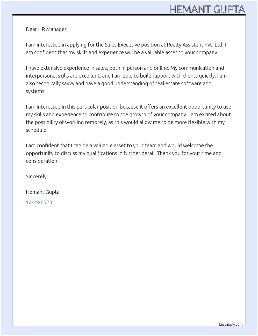 Sales Executive At Realty Assistant Pvt. Ltd Cover Letter