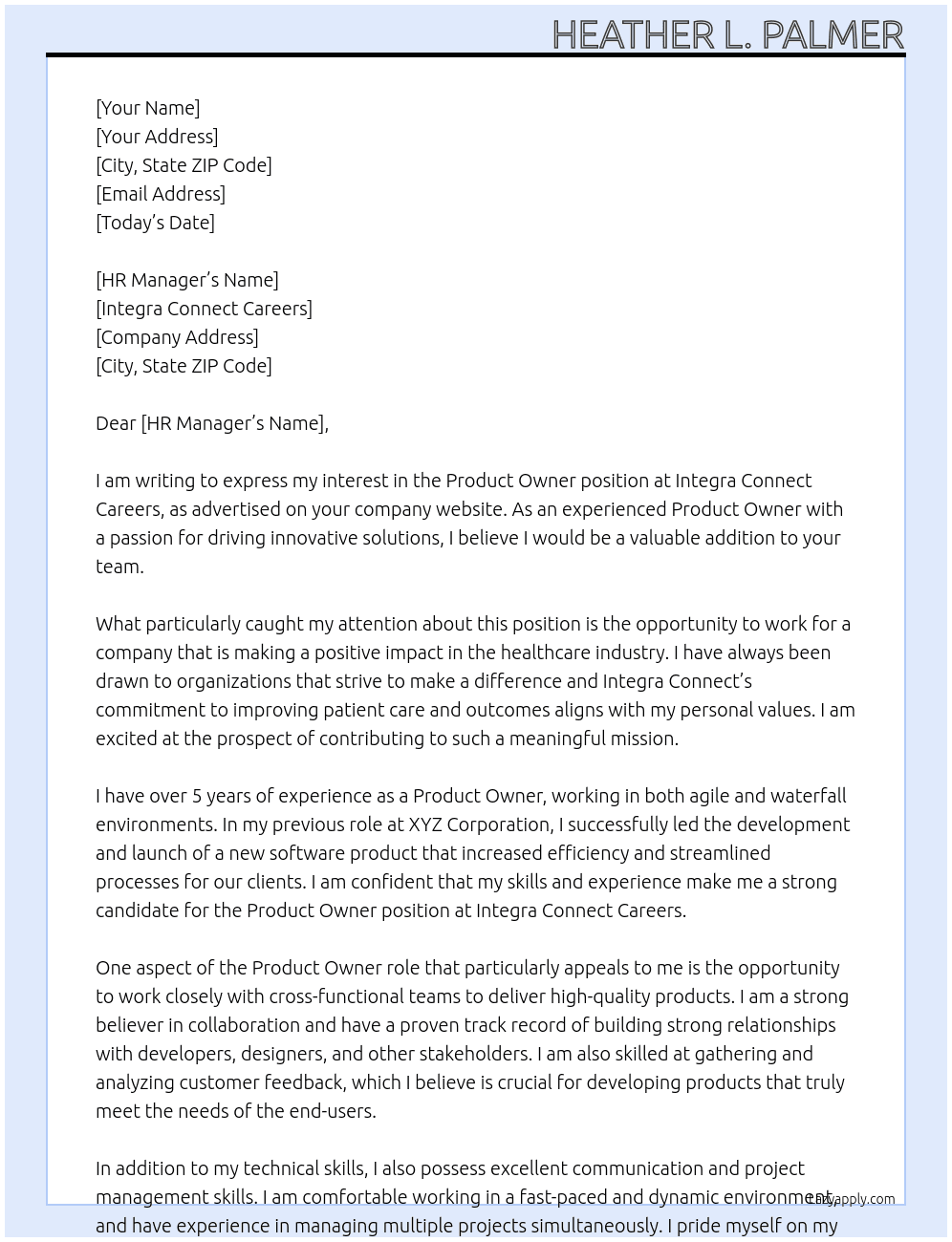 Product Owner At Integra Connect Careers Cover Letter