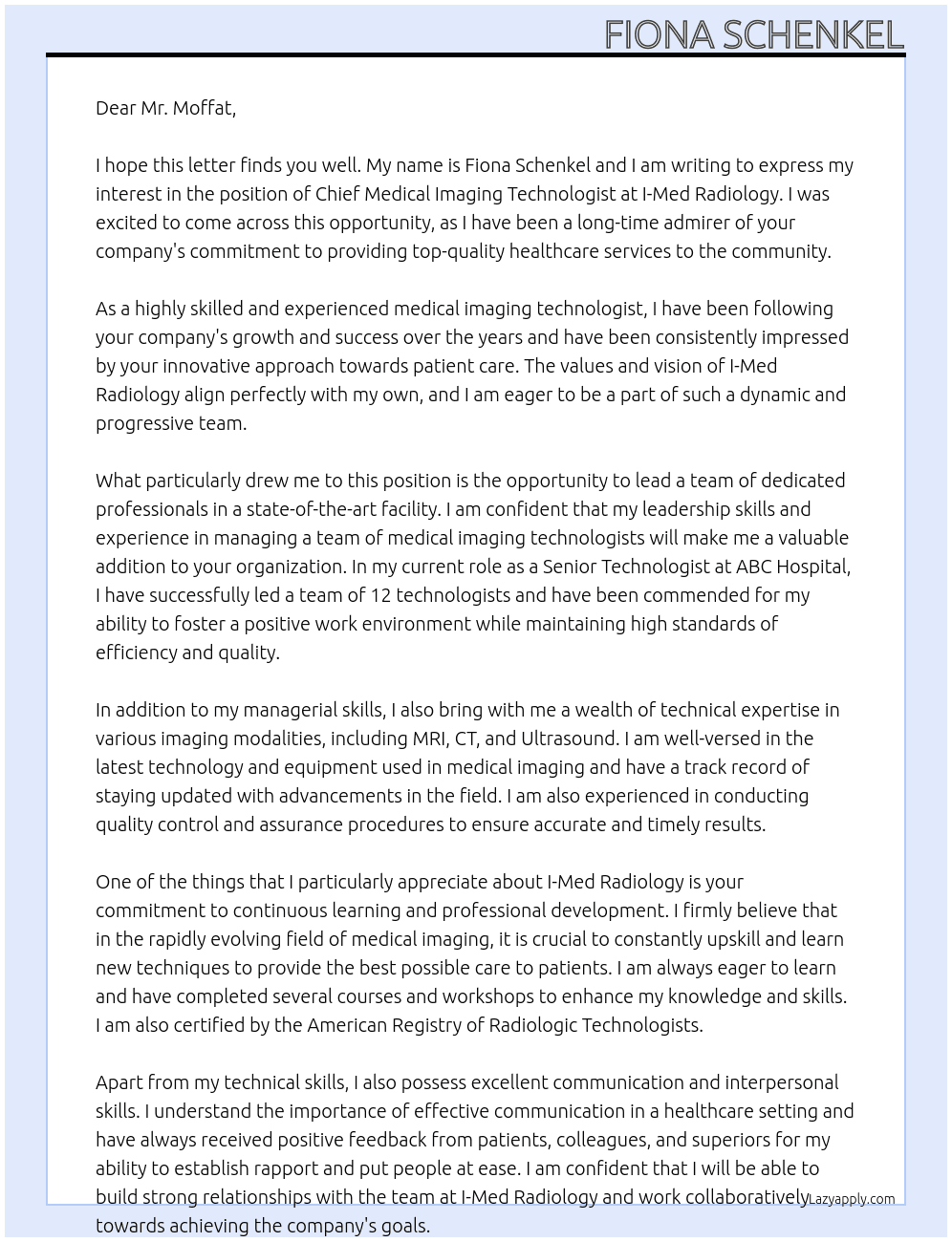 Chief Medical Imaging Technologist At I-Med Radiology Cover Letter