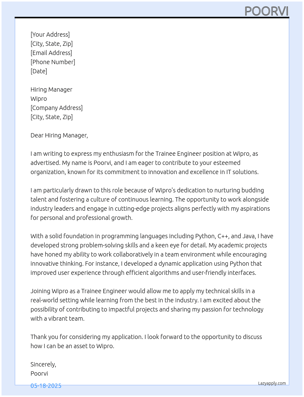 Trainee engineer  At Wipro  Cover Letter