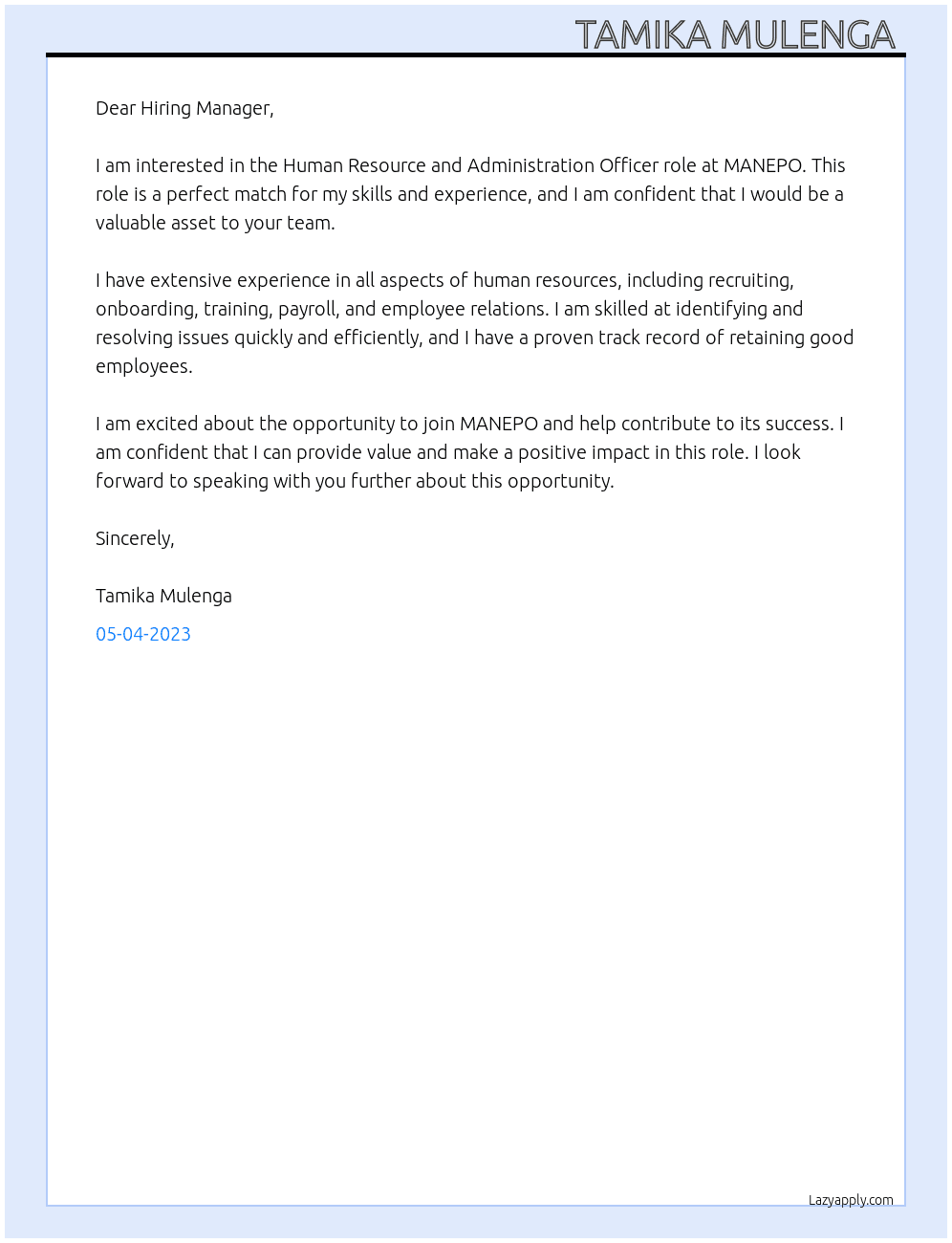 Human Resource and Administration Officer  At MANEPO Cover Letter