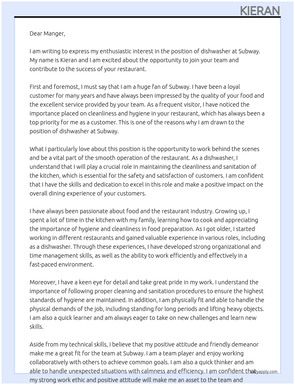 dishwasher At Subway Cover Letter