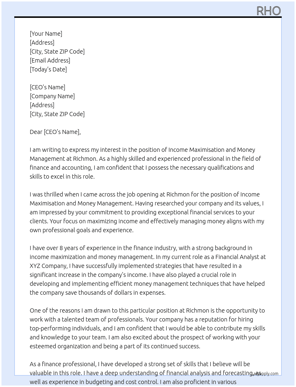 income maximisation and money management At richmon Cover Letter