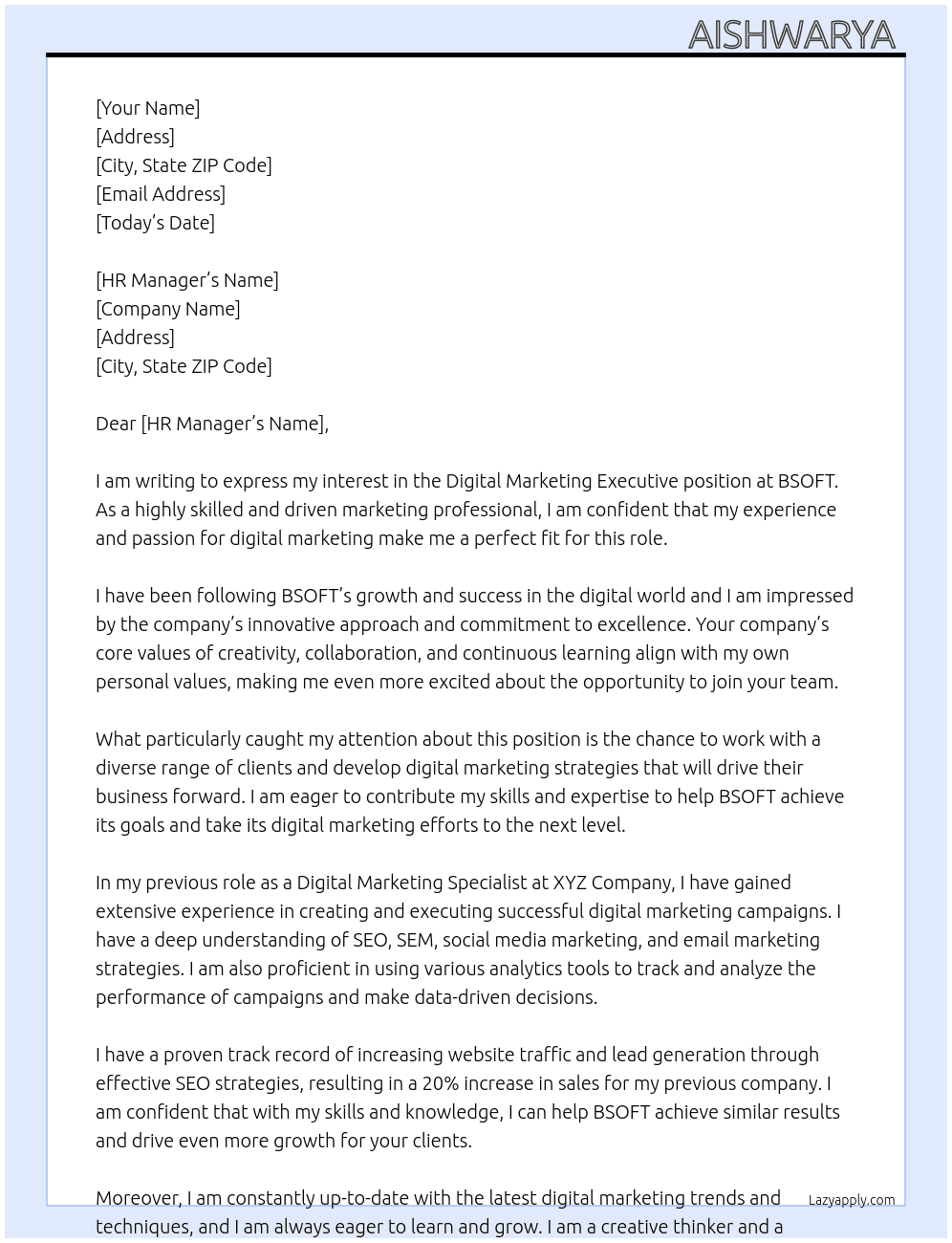Digital marketing executive  At BSOFT  Cover Letter