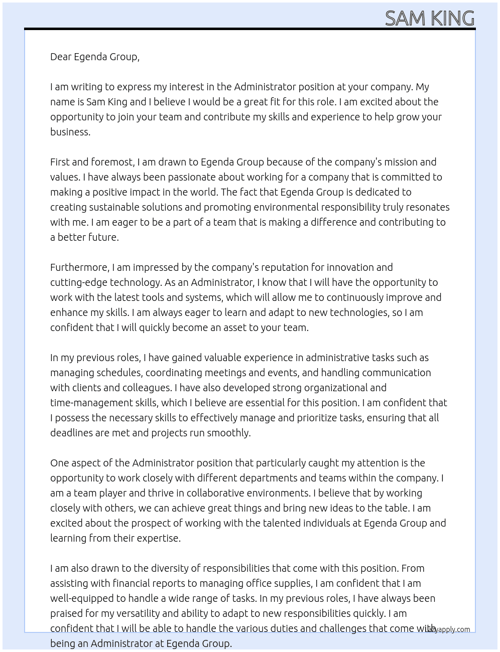 Administrator At Egenda Group Cover Letter