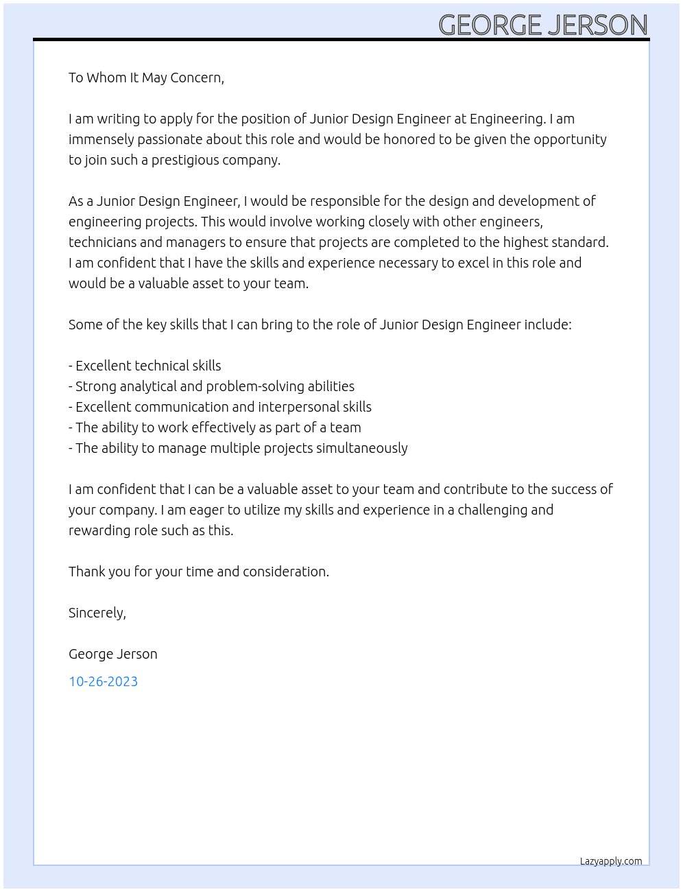 Junior Design Engineer At Engineering Cover Letter