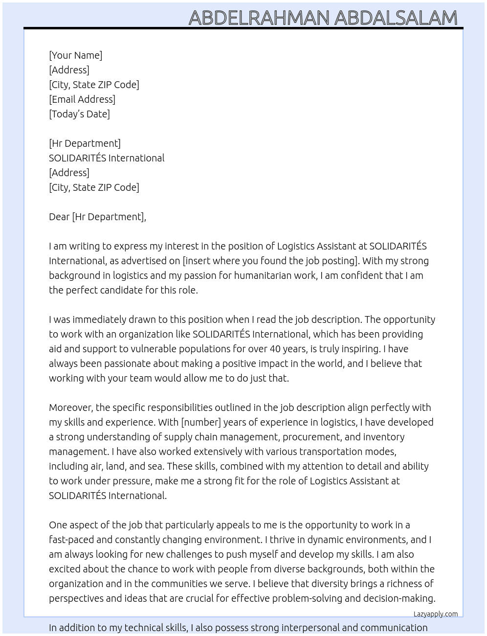 Logistics Assistant  At SOLIDARITÉS International  Cover Letter