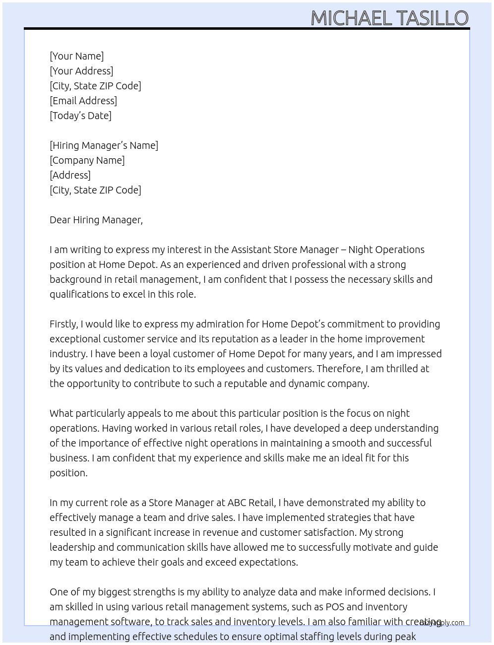 Assistant Store Manager - Night Operations At Home Depot Cover Letter