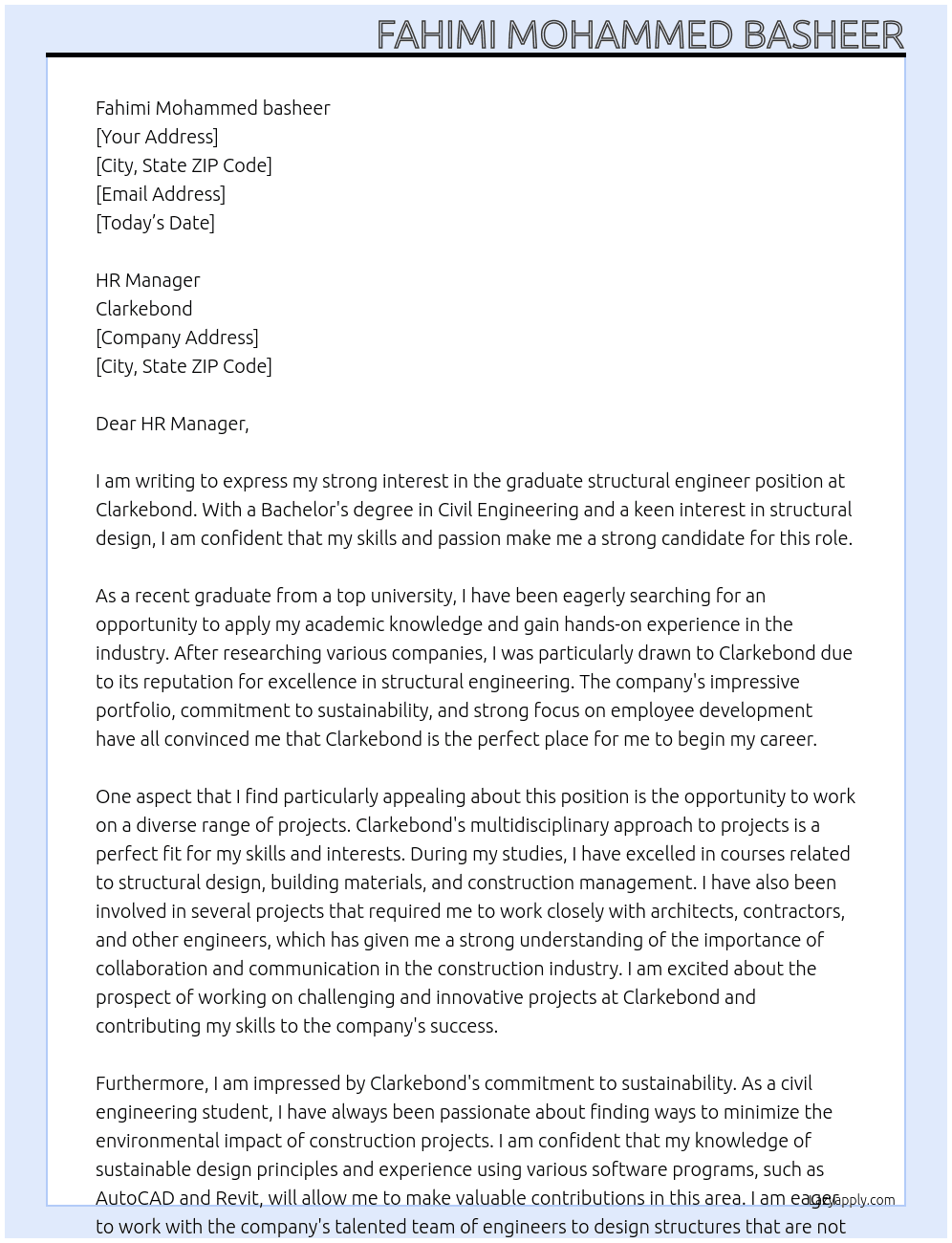 graduate structural engineer At Clarkebond Cover Letter