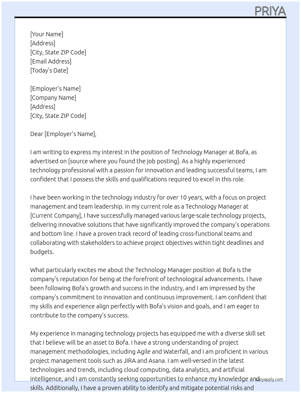 Technology Manager At Bofa Cover Letter