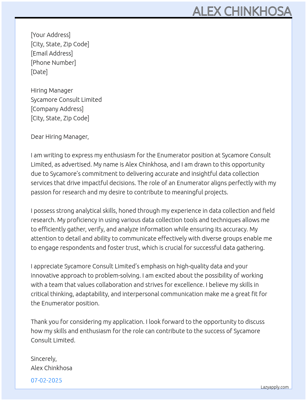 enumerators At sycamore consult limited Cover Letter