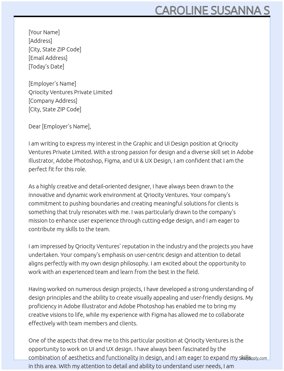 Graphic And UI Design  At Qriocity Ventures Private Limited Cover Letter
