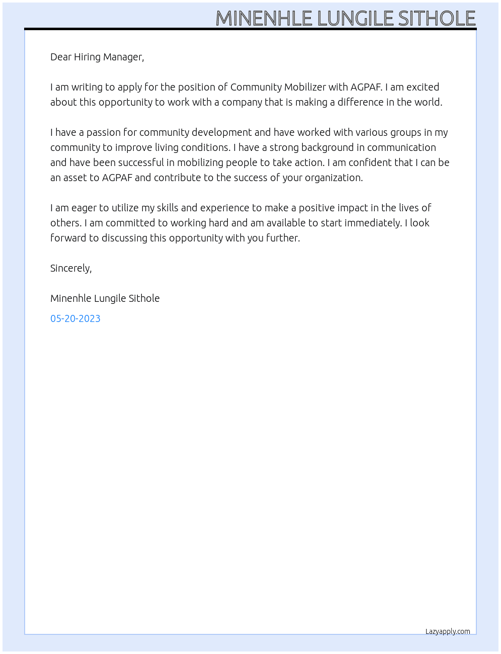 Communitu mobilizer  At AGPAF Cover Letter