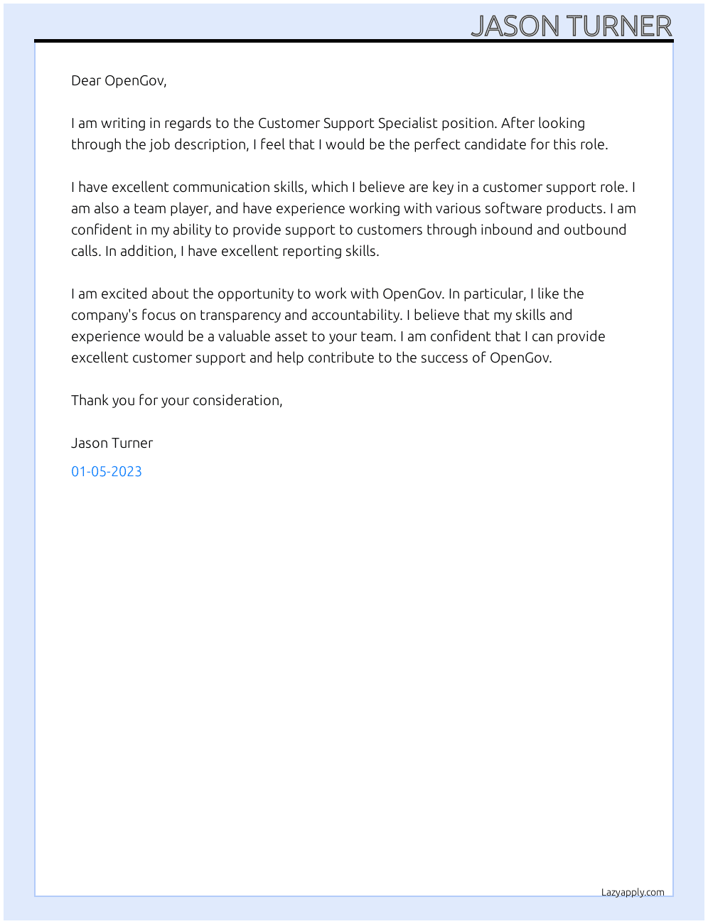Customer Support Specialist At OpenGov Cover Letter