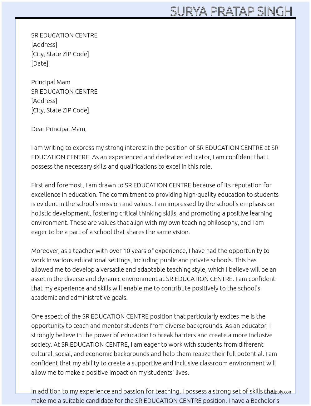 SR EDUCATION CENTRE  At SR EDUCATION CENTRE  Cover Letter
