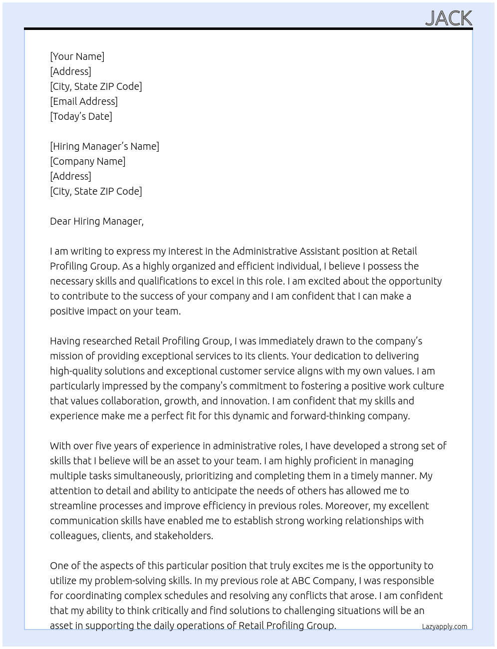 Administrative Assistant At Retail Profiling Group Cover Letter