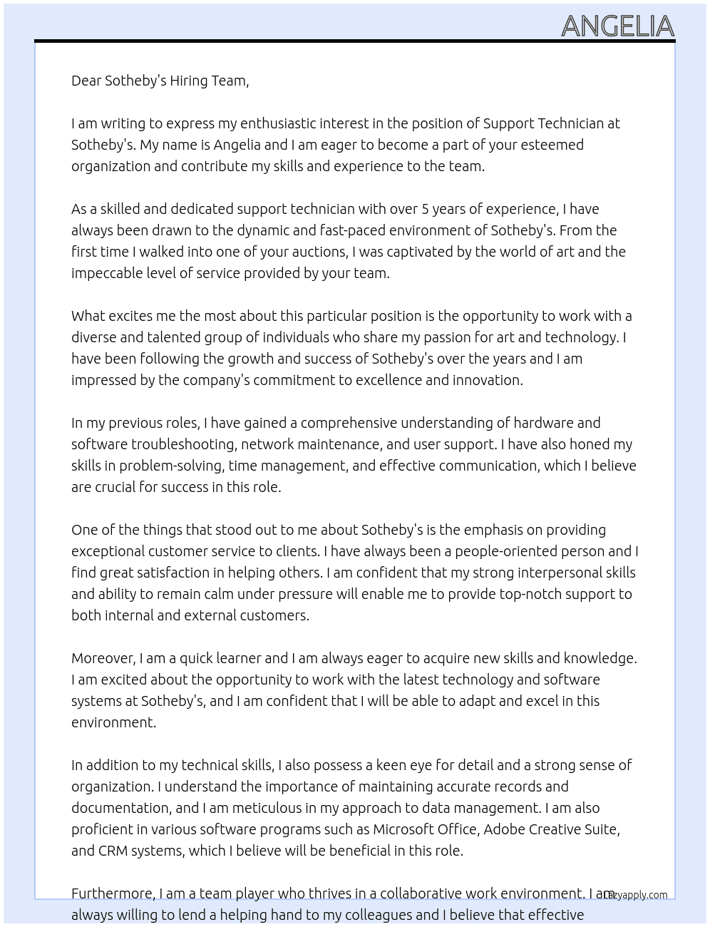 support technician At sothebys Cover Letter