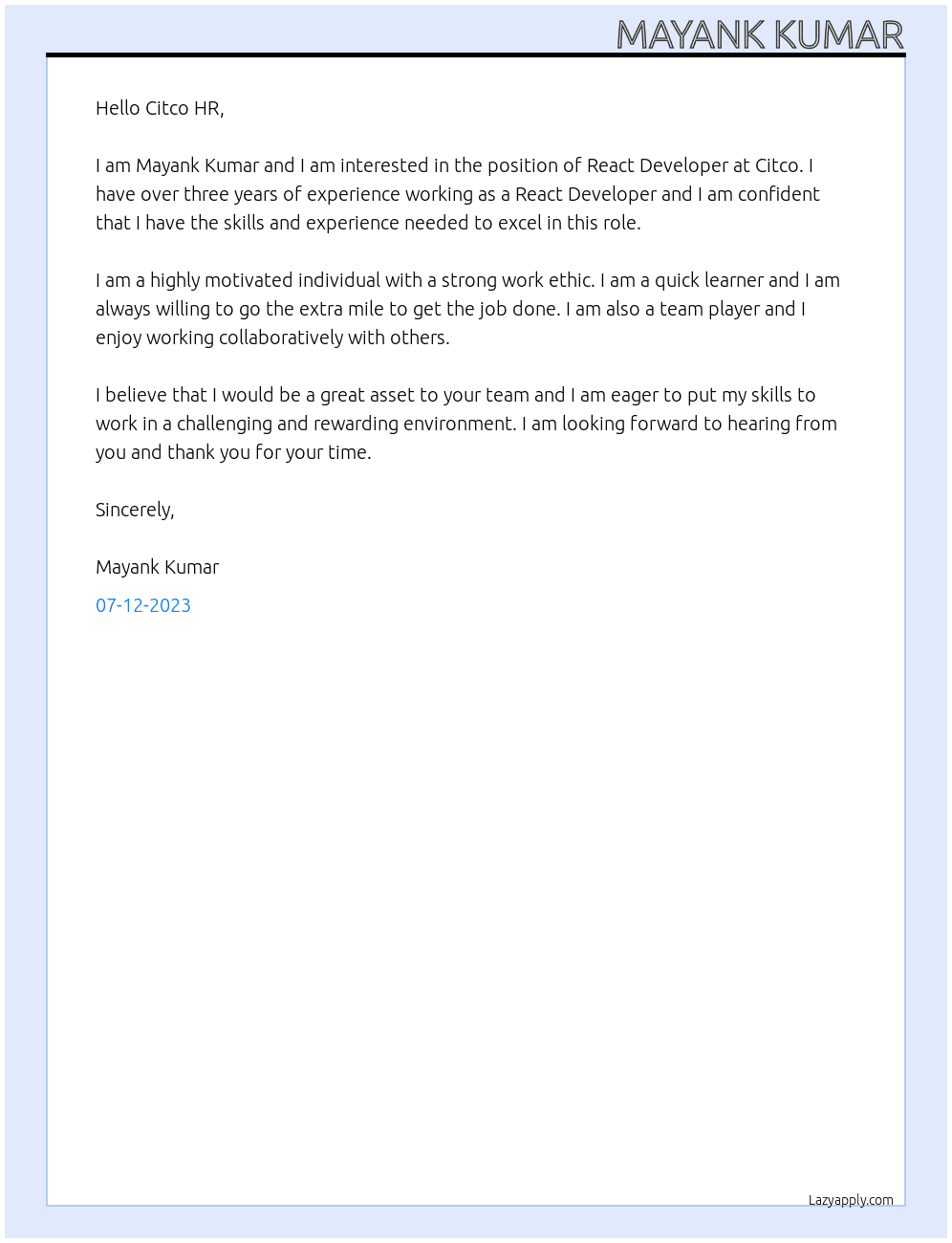 React Developer At  Citco Cover Letter