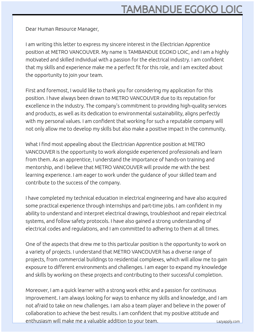 Electrician Apprentice At METRO VANCOUVER Cover Letter