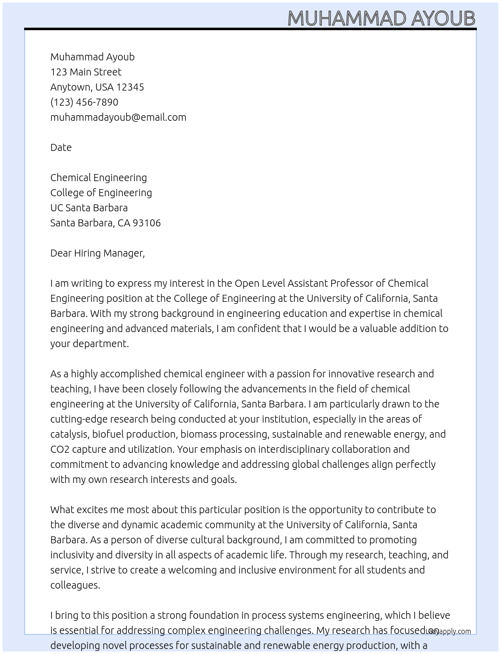 Open Level Assist Professor of Chemical Engineering 2023-24 At College of Engineering at the University of California Cover Letter