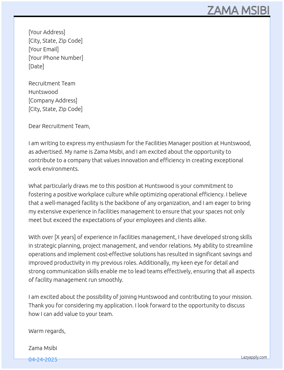 Cover letter for faciliticies manager - LazyApply